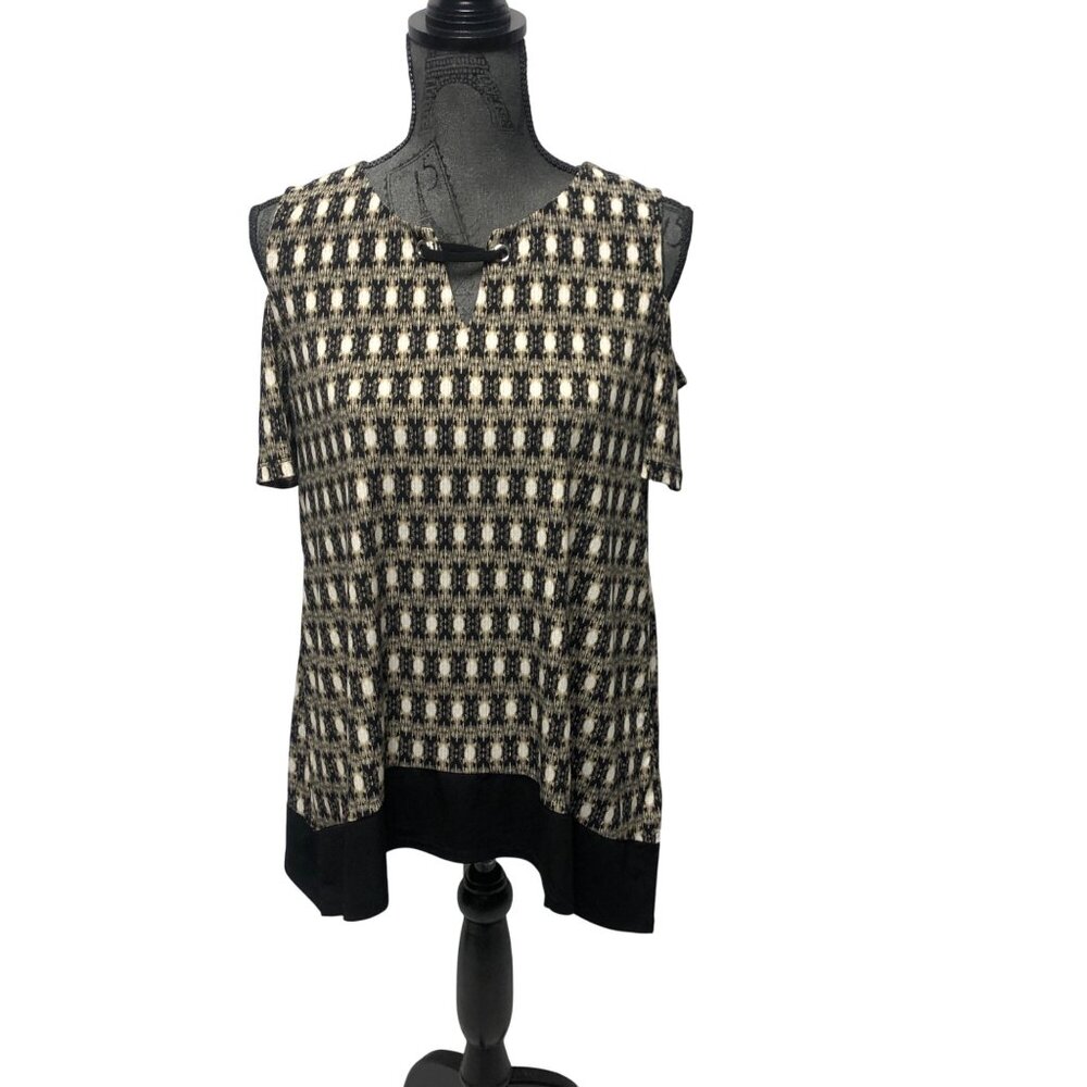 Rafaella Tunic Womens Sz Medium Brown Black Stretchy Cold Shoulder Short Sleeve